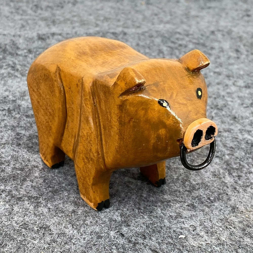 Vintage Hand Carved Wooden Pig Figurine Sculpture Thailand Home Decor Nose Ring